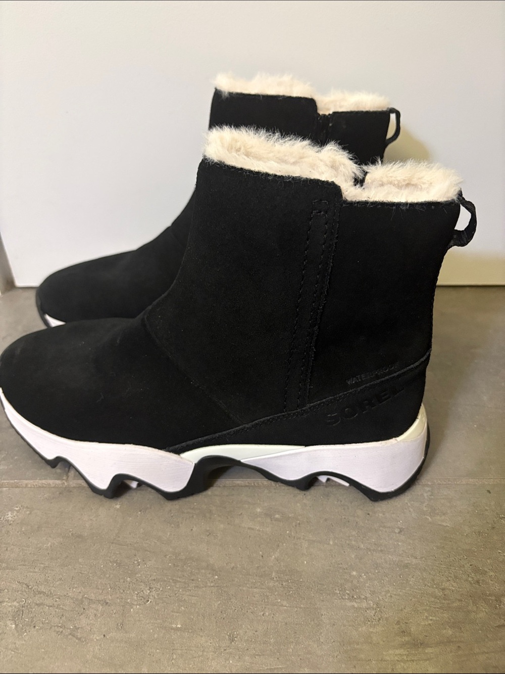 Sorel Black Suede Ankle Booties with Cream Faux-Fur Trim